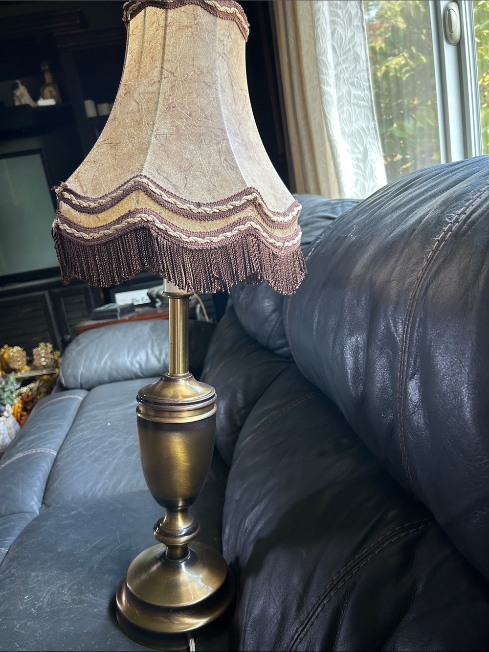 Antique-Style Brass Finish Table Lamp with Beige Fringe Shade